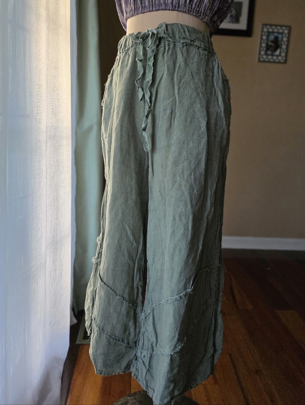 Made in Italy 100% Linen Pants Large L Olive Green Drawstring Cropped Lagenlook